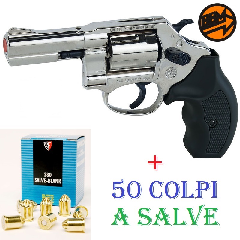 Scacciacani bruni new 380 4p cromato - pistola a salve top firing in calibro 380 mm con valigetta - arma da segnalazione acustica e da collezione con pacco di 50 colpi a salve - replica del revolver smith&wesson 38 special da 4 pollici cromato marca bruni guns.